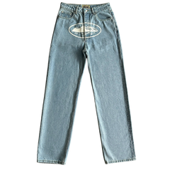 Corteiz Alcatraz Print Denim Jeans Light Blue / White