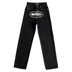 Corteiz Alcatraz Print Denim Jeans Black / White