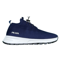 Prada Sport Knit No Tie Lace Up Sneakers / Trainers Navy / Dark Blue / White